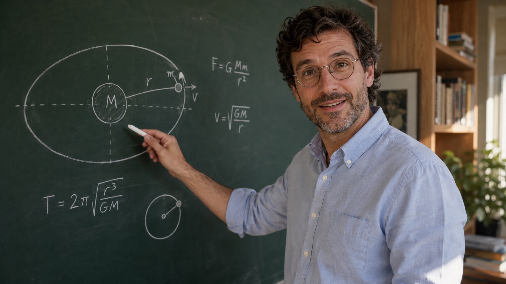 Daniel explaining planetary orbits at a chalkboard