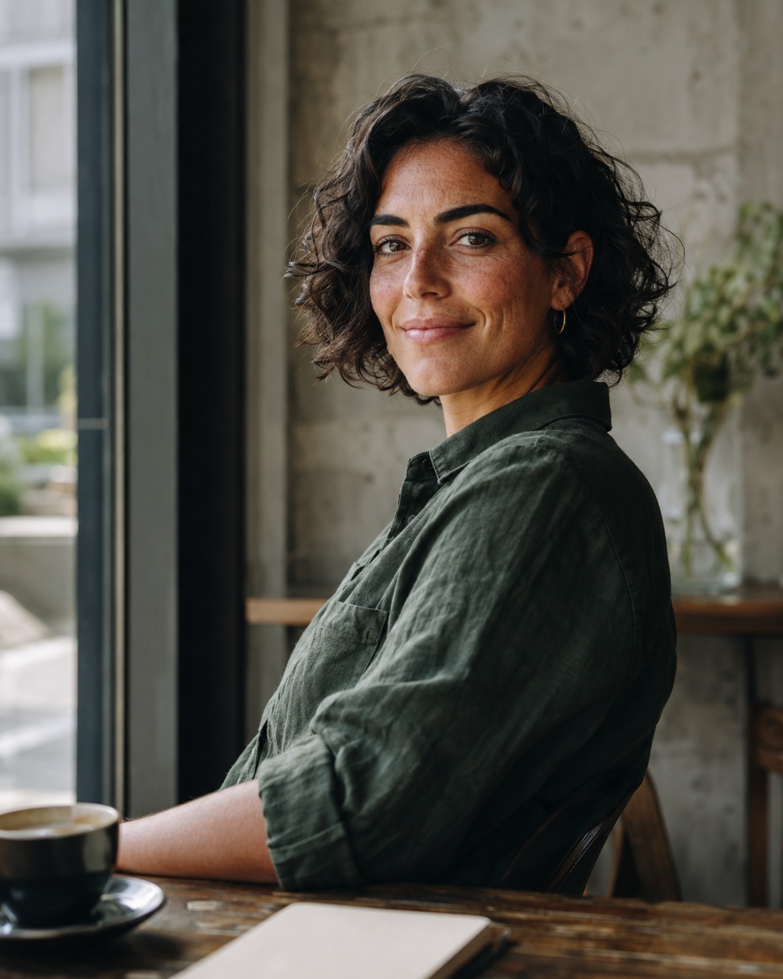 Ines sitting at a cafe window with a notebook