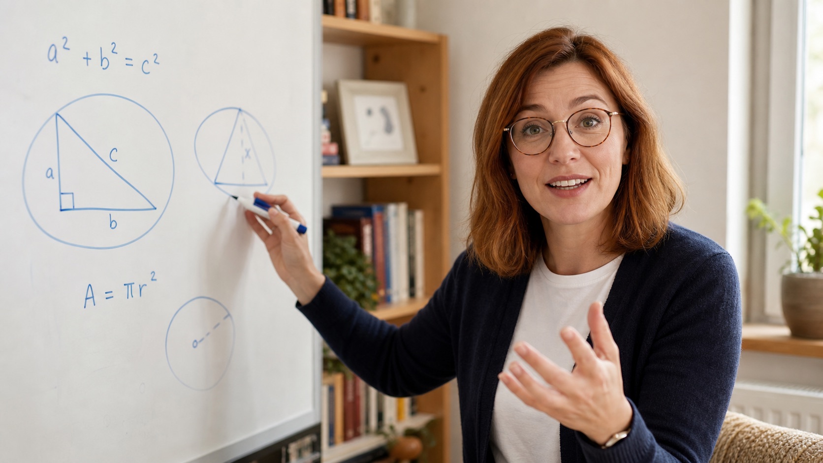 Leah explaining a geometry lesson at a whiteboard