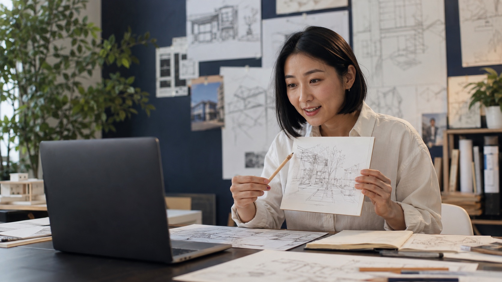 Nora sharing sketches from a bright design studio