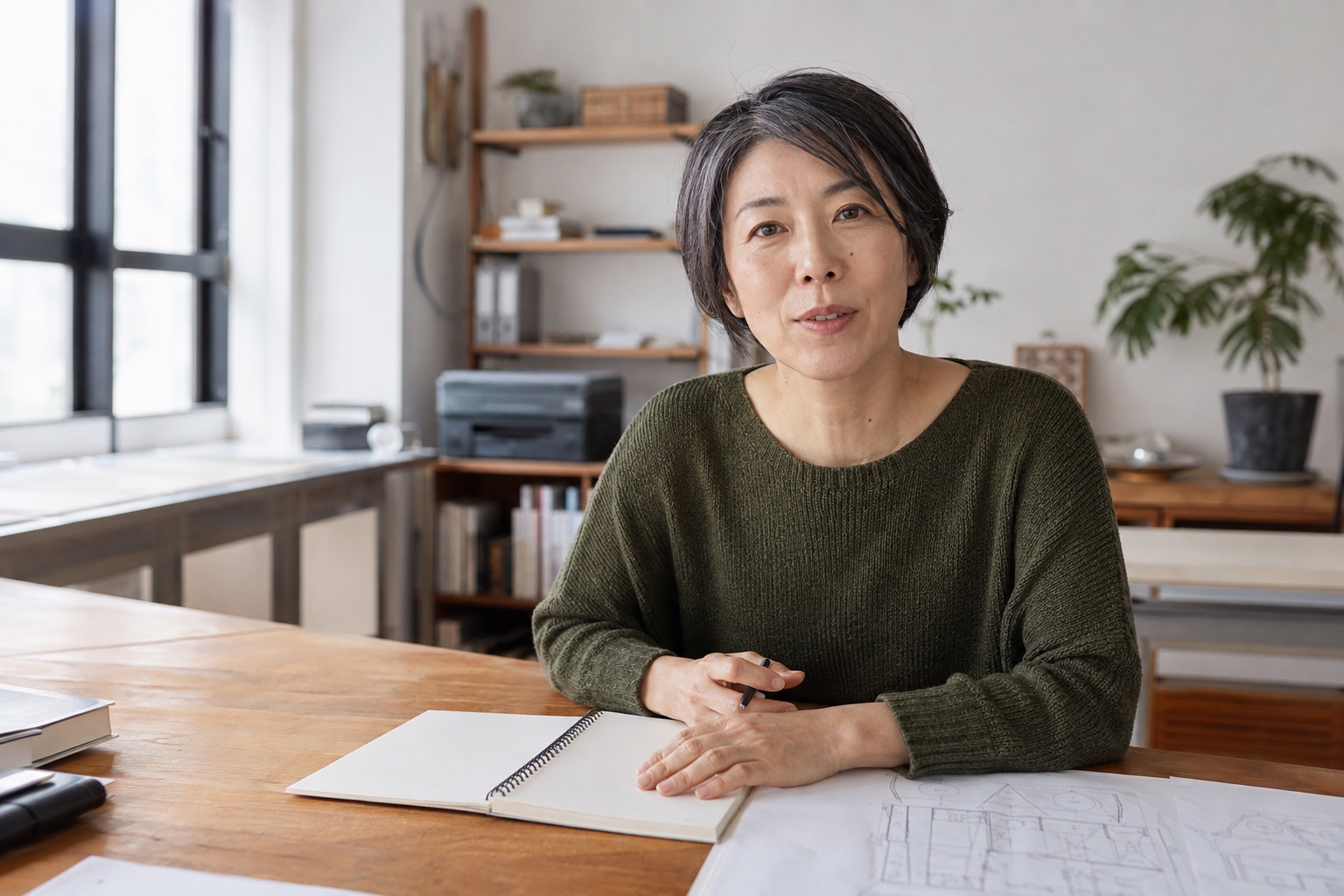 Aya preparing a studio review with notes and drawings